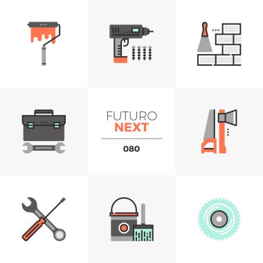 Bina inşaat araçları, onarım ekipman Modern düz simgeler kümesi. Benzersiz renk düz grafik öğelerine kontur hatları ile. Premium Kalite vektör piktogram anlayışı web, logo, marka, infographics için.