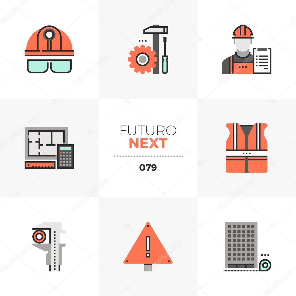 Modern flat icons set of civil engineering, construction site safety. Unique color flat graphics elements with stroke lines. Premium quality vector pictogram concept for web, logo, branding, infographics.