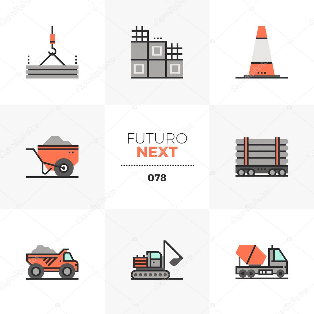 Modern flat icons set of heavy machines, construction transport. Unique color flat graphics elements with stroke lines. Premium quality vector pictogram concept for web, logo, branding, infographics.