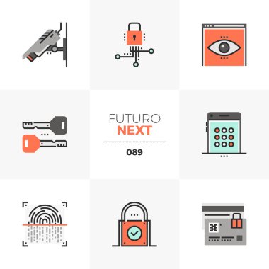 Modern düz simgeler gizlilik korunması, gözetim güvenlik ayarlayın. Benzersiz renk düz grafik öğelerine kontur hatları ile. Premium kalite vektör piktogram anlayışı web, logo, marka, infographics için.