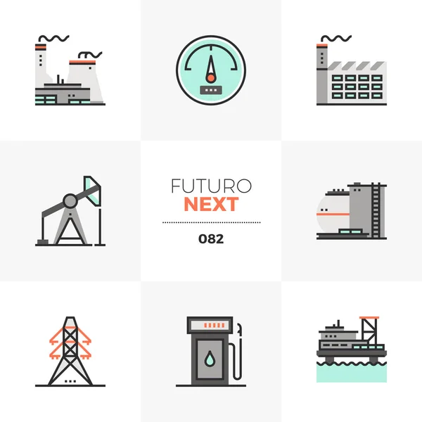 Conjunto Iconos Planos Modernos Planta Energía Nuclear Plataforma Petrolífera Alta — Archivo Imágenes Vectoriales