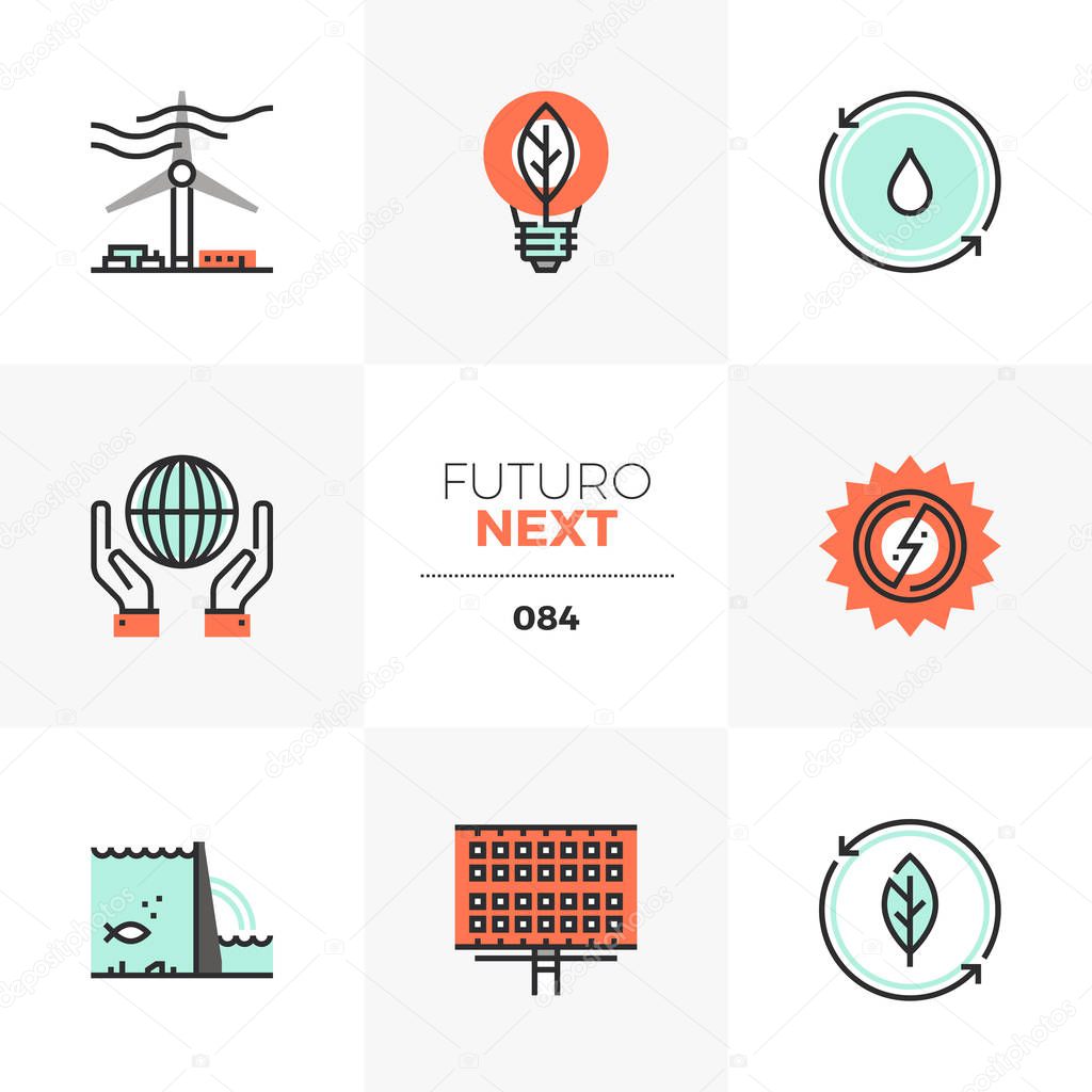Modern flat icons set of renewable energy source, alternative energy. Unique color flat graphics elements with stroke lines. Premium quality vector pictogram concept for web, logo, branding, infographics.