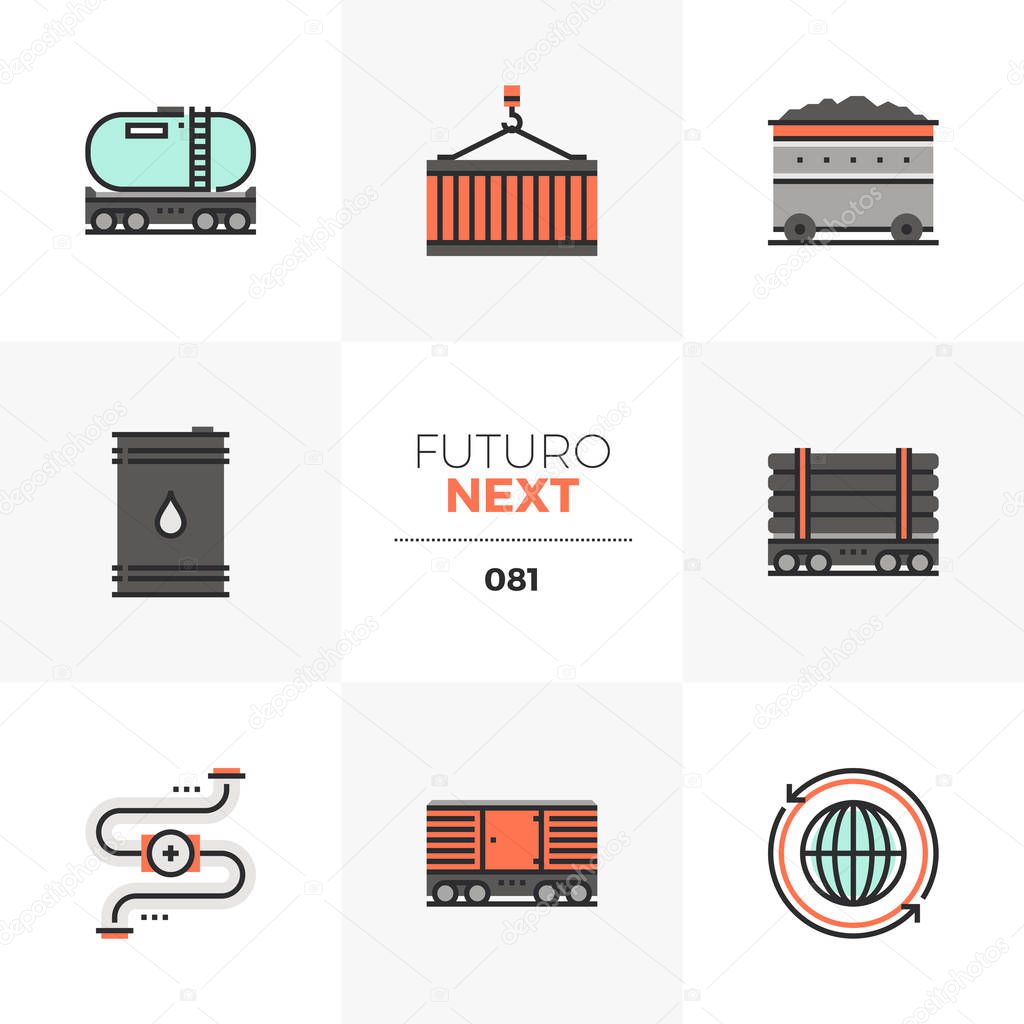 Modern flat icons set of fossil fuel transportation, heavy transport. Unique color flat graphics elements with stroke lines. Premium quality vector pictogram concept for web, logo, branding, infographics.