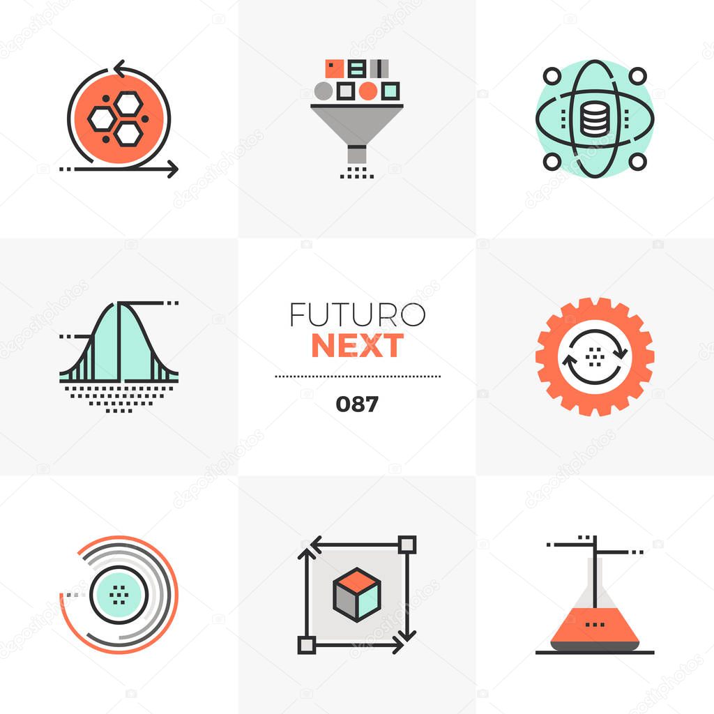 Modern flat icons set of data science technology, statistical analysis. Unique color flat graphics elements with stroke lines. Premium quality vector pictogram concept for web, logo, branding, infographics.