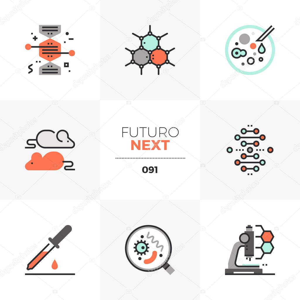 Modern flat icons set of bio technology process, gene modification. Unique color flat graphics elements with stroke lines. Premium quality vector pictogram concept for web, logo, branding, infographics.