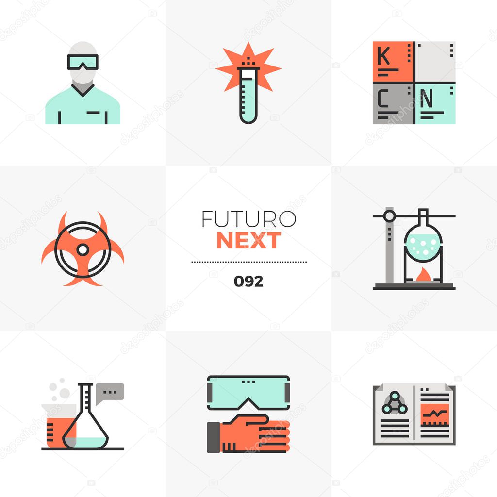 Modern flat icons set of chemistry lab glassware, protective wear. Unique color flat graphics elements with stroke lines. Premium quality vector pictogram concept for web, logo, branding, infographics.