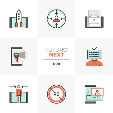 Modern düz Icons set mobil pazarlama, sosyal medya kampanyası. Benzersiz renk düz grafik öğelerine kontur hatları ile. Premium kalite vektör piktogram anlayışı web, logo, marka, infographics için.