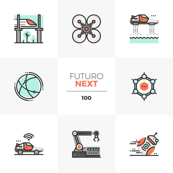 Modern flat icons set of future technologies, robotics automation. Unique color flat graphics elements with stroke lines. Premium quality vector pictogram concept for web, logo, branding, infographics.