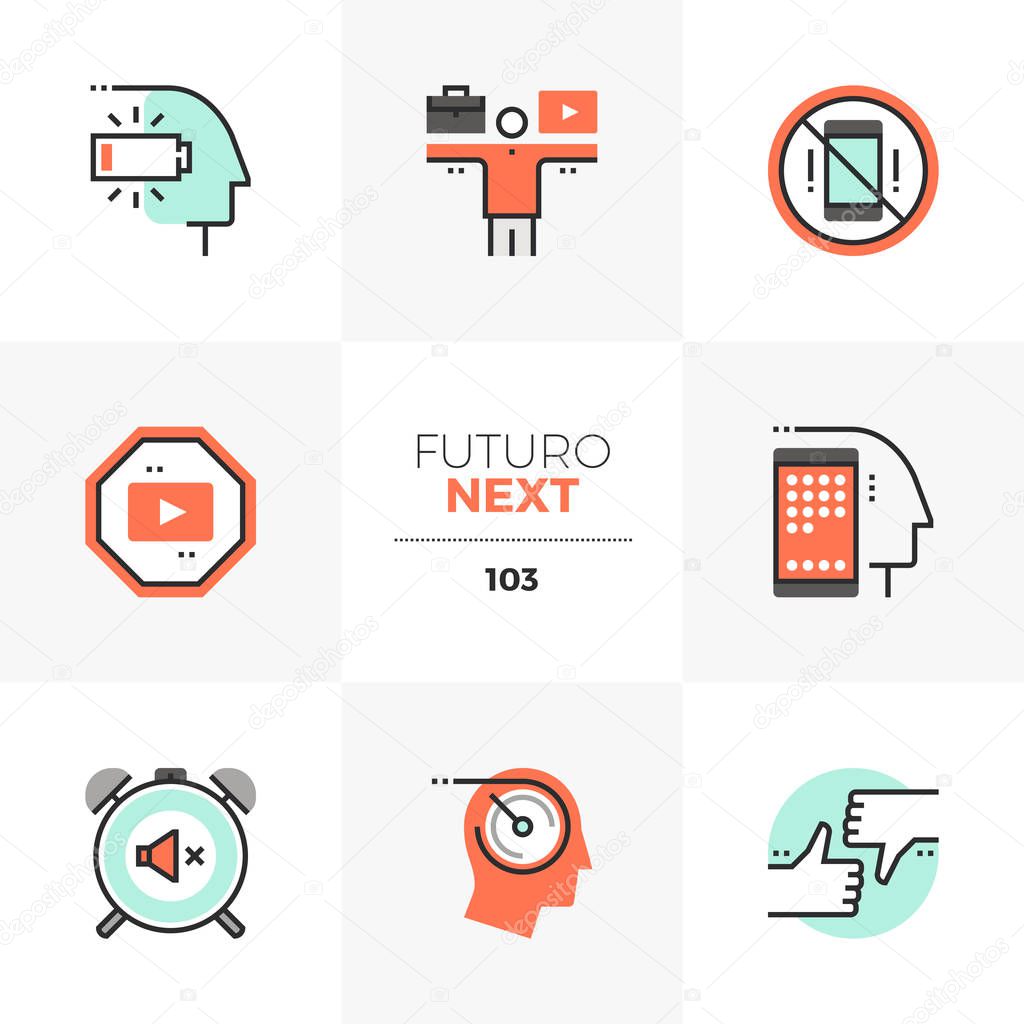 Modern flat icons set of work life balance, social media distraction. Unique color flat graphics elements with stroke lines. Premium quality vector pictogram concept for web, logo, branding, infographics.