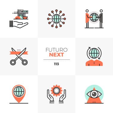 Küresel iş işbirliği, açılış olay modern düz simgeler kümesi. Benzersiz renk düz grafik öğelerine kontur hatları ile. Premium kalite vektör piktogram anlayışı web, logo, marka, infographics için.