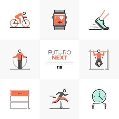 Modern düz simgeler yüksek yoğun eğitim, triatlon rekabet ayarlayın. Benzersiz renk düz grafik öğelerine kontur hatları ile. Premium kalite vektör piktogram anlayışı web, logo, marka, infographics için.