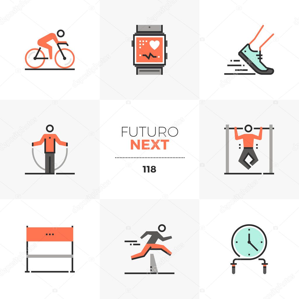 Modern flat icons set of high intensive training, triathlon competition. Unique color flat graphics elements with stroke lines. Premium quality vector pictogram concept for web, logo, branding, infographics.