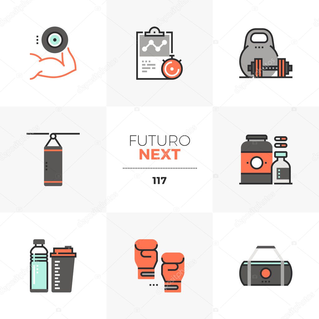 Modern flat icons set of weight lifting, sports nutrition container. Unique color flat graphics elements with stroke lines. Premium quality vector pictogram concept for web, logo, branding, infographics.