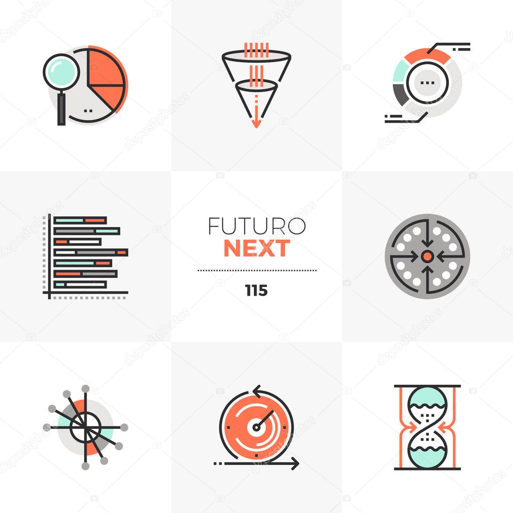 Modern flat icons set of visual data charts, visualization template. Unique color flat graphics elements with stroke lines. Premium quality vector pictogram concept for web, logo, branding, infographics.