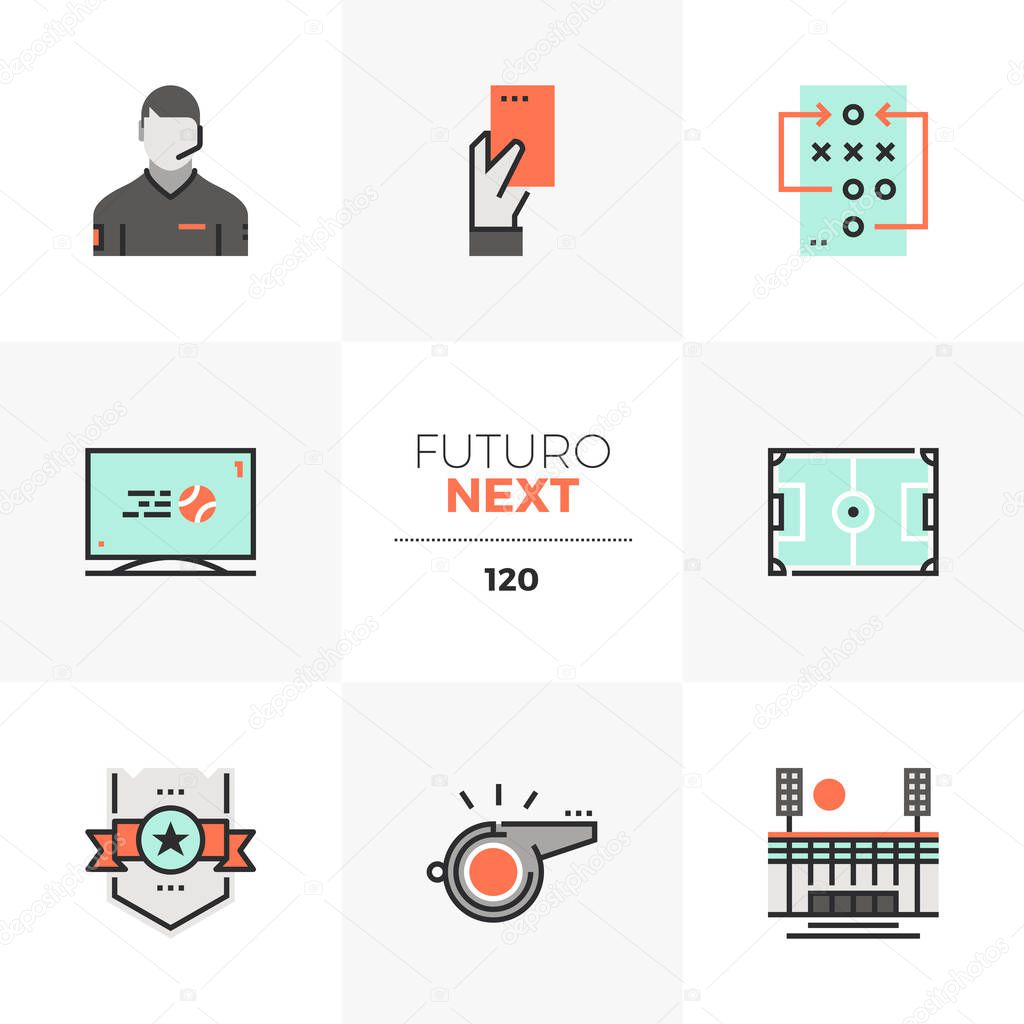 Modern flat icons set of playing soccer, professional football game. Unique color flat graphics elements with stroke lines. Premium quality vector pictogram concept for web, logo, branding, infographics.