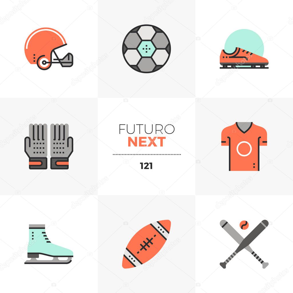 Modern flat icons set of professional sports object, various balls. Unique color flat graphics elements with stroke lines. Premium quality vector pictogram concept for web, logo, branding, infographics.