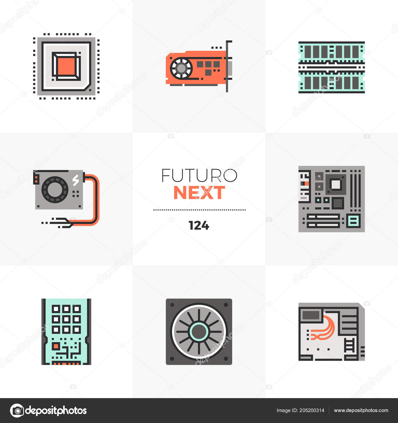 Modern Flat Icons Set Computer Hardware Parts Components Unique