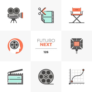 Modern flat icons set of film production, video making and editing. Unique color flat graphics elements with stroke lines. Premium quality vector pictogram concept for web, logo, branding, infographics. clipart