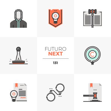 Modern düz simgeler buluş patent Hukuku, Adalet Divanı ayarlayın. Benzersiz renk düz grafik öğelerine kontur hatları ile. Premium kalite vektör piktogram anlayışı web, logo, marka, infographics için.