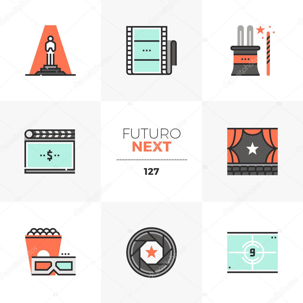 Modern flat icons set of film premiere, grand opening night ceremony. Unique color flat graphics elements with stroke lines. Premium quality vector pictogram concept for web, logo, branding, infographics.
