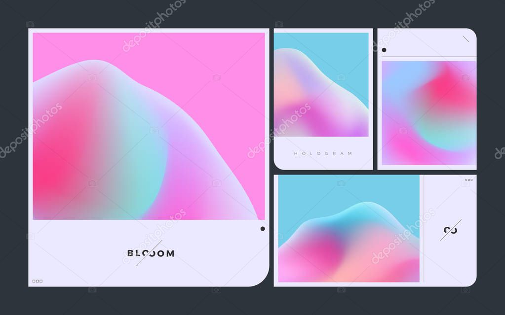 Minimal abstract vector of gradient mesh with holographic effect on mockup layout frame kit. Clean concept artwork of vibrant color brand identity template pack. For covers, art prints, web design.