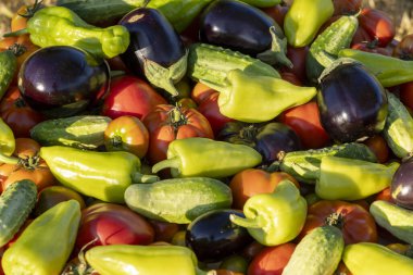 İçinde domates, salatalık ve biber olan sebzeler. Sebzeler üst üste yığılıp renkli ve canlı bir sahne yaratıyorlar.