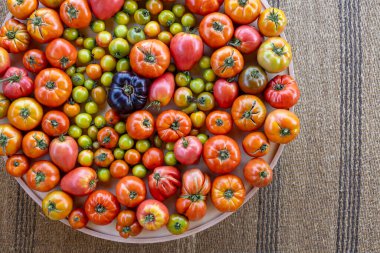 Bir kase çeşit domates ve yeşil domates. Kase masanın üstünde.