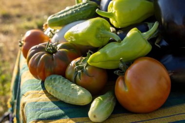 Masada domates, salatalık ve biber gibi çeşitli sebzeler sergilenir. Bereket ve tazelik kavramı, sebzeler olgunlaşmış ve yenmeye hazır.