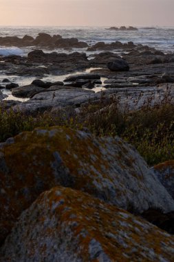 Arka planda küçük bir su kütlesi olan kayalık bir kıyı şeridi. Kayalar yosunla kaplıdır ve gökyüzü turuncu ve pembe renklerden oluşur.