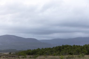 Arka planda dağlar olan bulutlu bir gökyüzü. Gökyüzü örtülü, dağlar ise ağaçlarla çevrili.