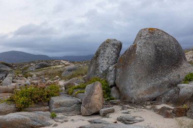 Önünde büyük bir kaya olan kayalık bir manzara. Gökyüzü bulutlu ve atmosfer karamsar.