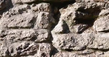 İçinde delik olan taştan bir duvar. Duvar pürüzlü ve bir sürü dokusu var.