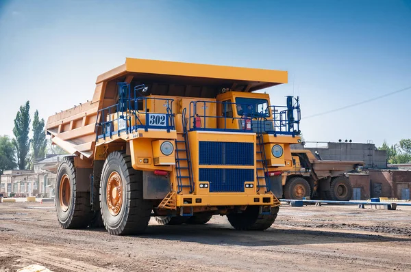 Heavy Yellow Dump Truck Repair Station Sunny Cloudless Day Stock Image