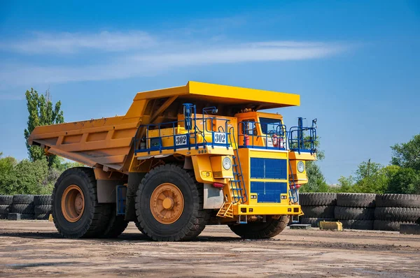 Heavy Yellow Dump Truck Repair Station Sunny Cloudless Day Stock Image