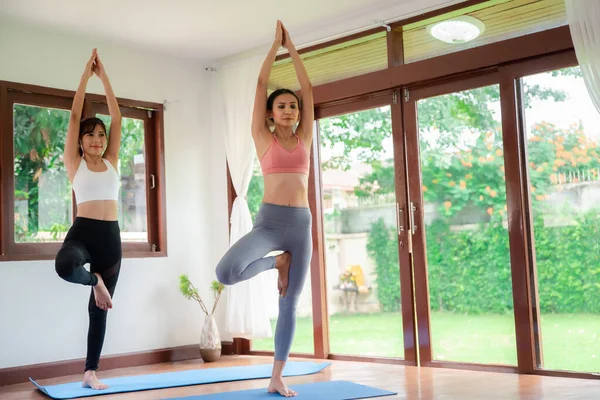 Yoga eğitimi. Fizikçi kadın yoga antrenörüyle evde yoga antrenmanına başlıyor..