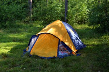 Karelya Kıstağı, Leningrad region, Rusya Federasyonu ormanda kamp çadır.