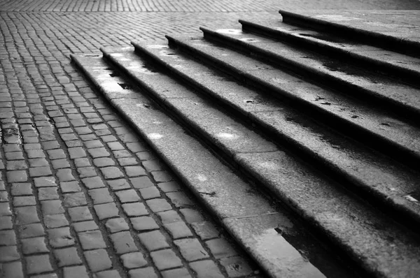 Treppe Mit Stufen Aus Granitstein Nach Regen Schwarz Weiß — Stockfoto