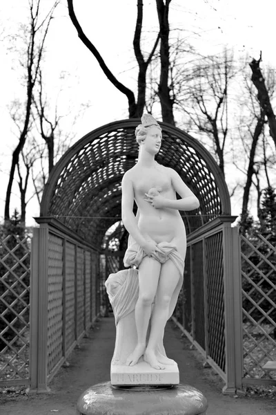 秋天晚上 俄罗斯圣彼得堡 夏季花园中的仙女雕像 希腊神话的神话特征 黑色和白色 — 图库照片