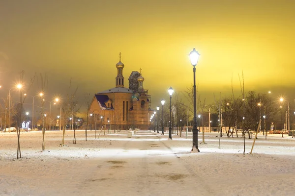 Church Intercession Holy Virgin Microdistrict Ribatskoe Night Outskirts Petersburg Russia — Stock Photo, Image