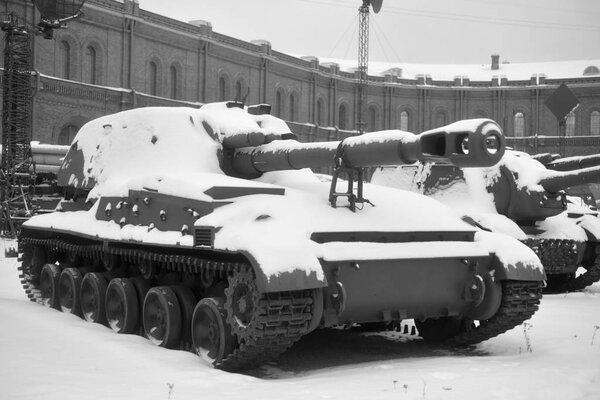 Old self-propelled cannon in Military Artillery Museum in St.Petersburg, Russia. Black and white.