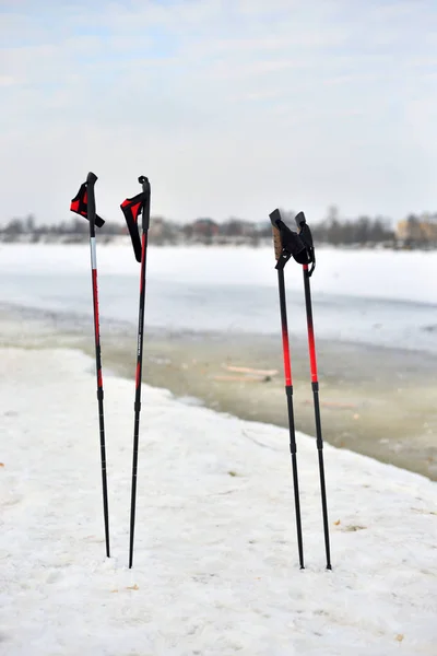 Saint Petersburg Russia March 2018 Sticks Nordic Walking Coast River — Stock Photo, Image