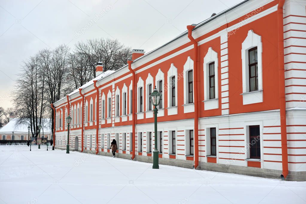 Commandant house in Peter and Paul Fortress in St.Petersburg at winter cloud day, Russia.