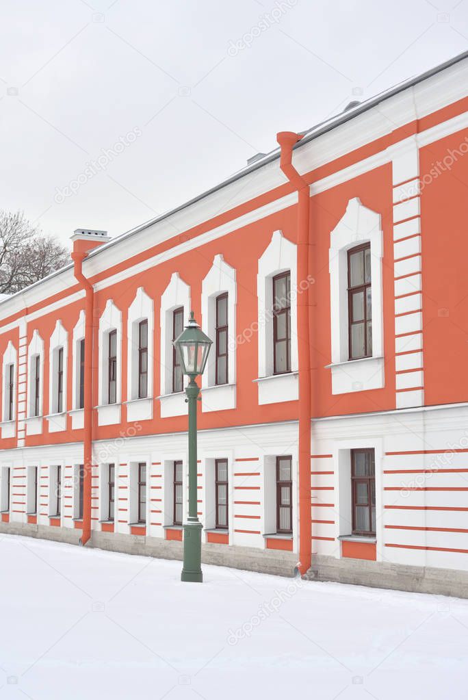 Commandant house in Peter and Paul Fortress in St.Petersburg at winter cloud day, Russia.