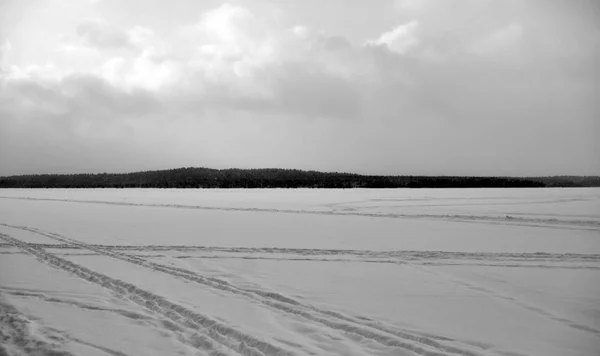 Frusen Sjö Vintern Karelska Näset Ryssland Svart Och Vitt — Stockfoto