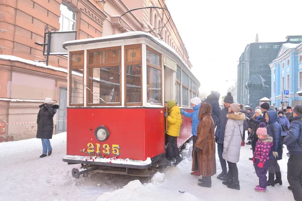 Petersburg Rusya Federasyonu Ocak 2019 Sokak Hayatını Eski Retro Tramvay — Stok fotoğraf