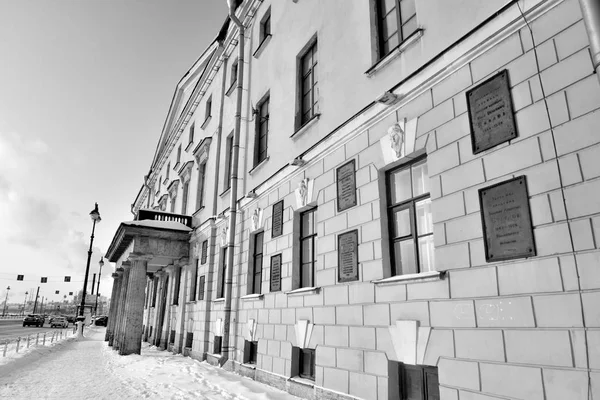 サンクトペテルブルク ロシア連邦 2019 科学アカデミー サンクトペテルブルクの歴史的な中心部の冬の住宅の家 黒と白 — ストック写真