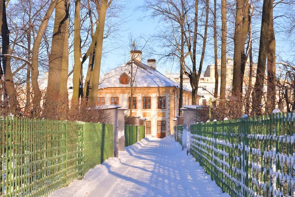 Alley in de zomertuin op winter in St.Petersburg. — Stockfoto