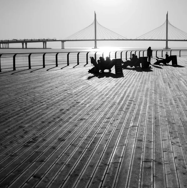 Argine del fiume Neva e ponte sospeso via cavo . — Foto Stock