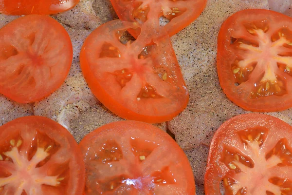Filet Poulet Cru Avec Tomates Épices Close — Photo