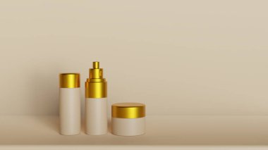 Kozmetik şişesi ve kavanoz modeli. Şampuan şişeleri ya da serum yağı yan yana dursun..